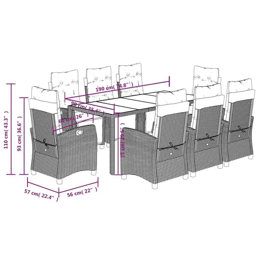 9 Piece Adjustable Black Poly Rattan Garden Dining Set with Cushions and Tempered Glass Table for Outdoor Furniture