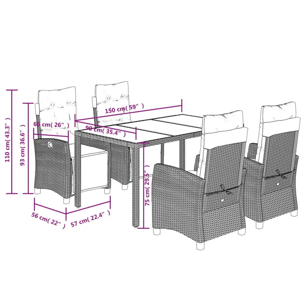 Garden Dining Set Grey Poly Rattan 5 Piece Outdoor Furniture with Cushions