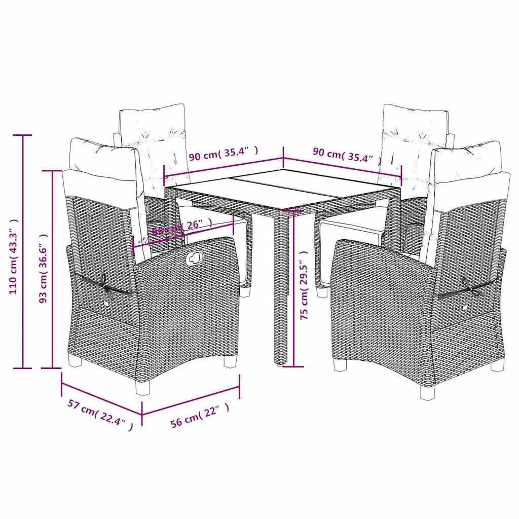 5 Piece Outdoor Dining Set Black Weather Resistant PE Rattan Chairs and Table with Cushions