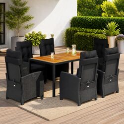 7 Piece Outdoor Garden Dining Set Black Poly Rattan Chairs Table Cushions