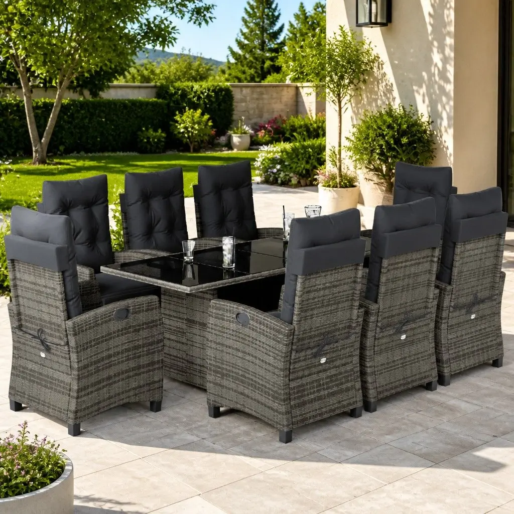Garden Dining Set Grey Poly Rattan 9 Pieces Table Chairs Cushions