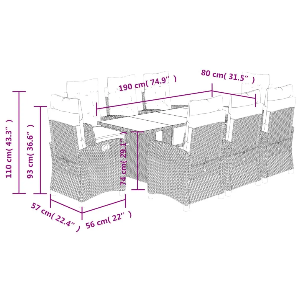 Garden Dining Set Grey Poly Rattan 9 Pieces Table Chairs Cushions