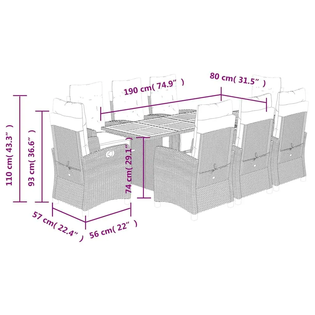 Outdoor Dining Set 9 Piece Black Poly Rattan Garden Furniture with Cushions