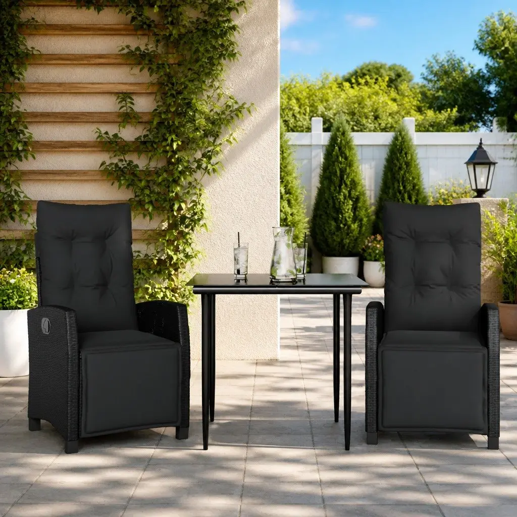 Garden Dining Set 3 Piece Outdoor Furniture with Cushions Black Poly Rattan