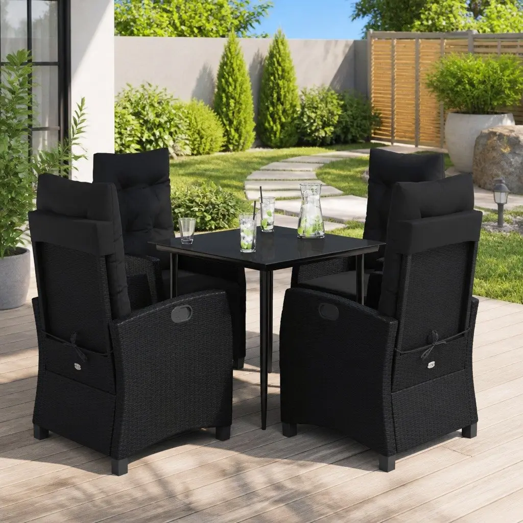 Outdoor Garden Dining Set Black Poly Rattan 5 Piece with Cushions