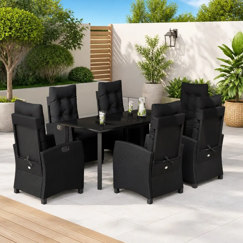 Garden Dining Set 7 Piece Black Poly Rattan Outdoor Furniture with Cushions