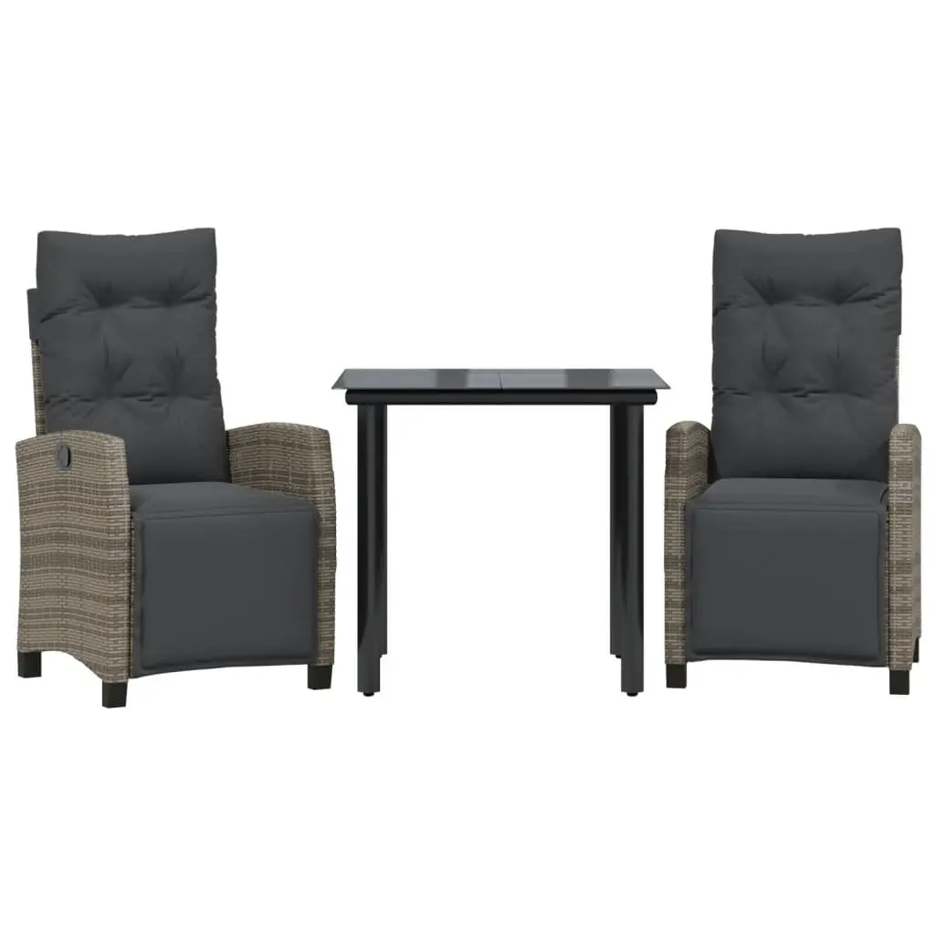 Garden Dining Set Grey Poly Rattan 3 Piece Outdoor Furniture with Adjustable Seating and Tempered Glass Table