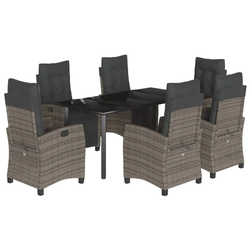 Outdoor Furniture Dining Set 7 Piece Cushioned Grey Poly Rattan with Adjustable Backrest and Glass Top