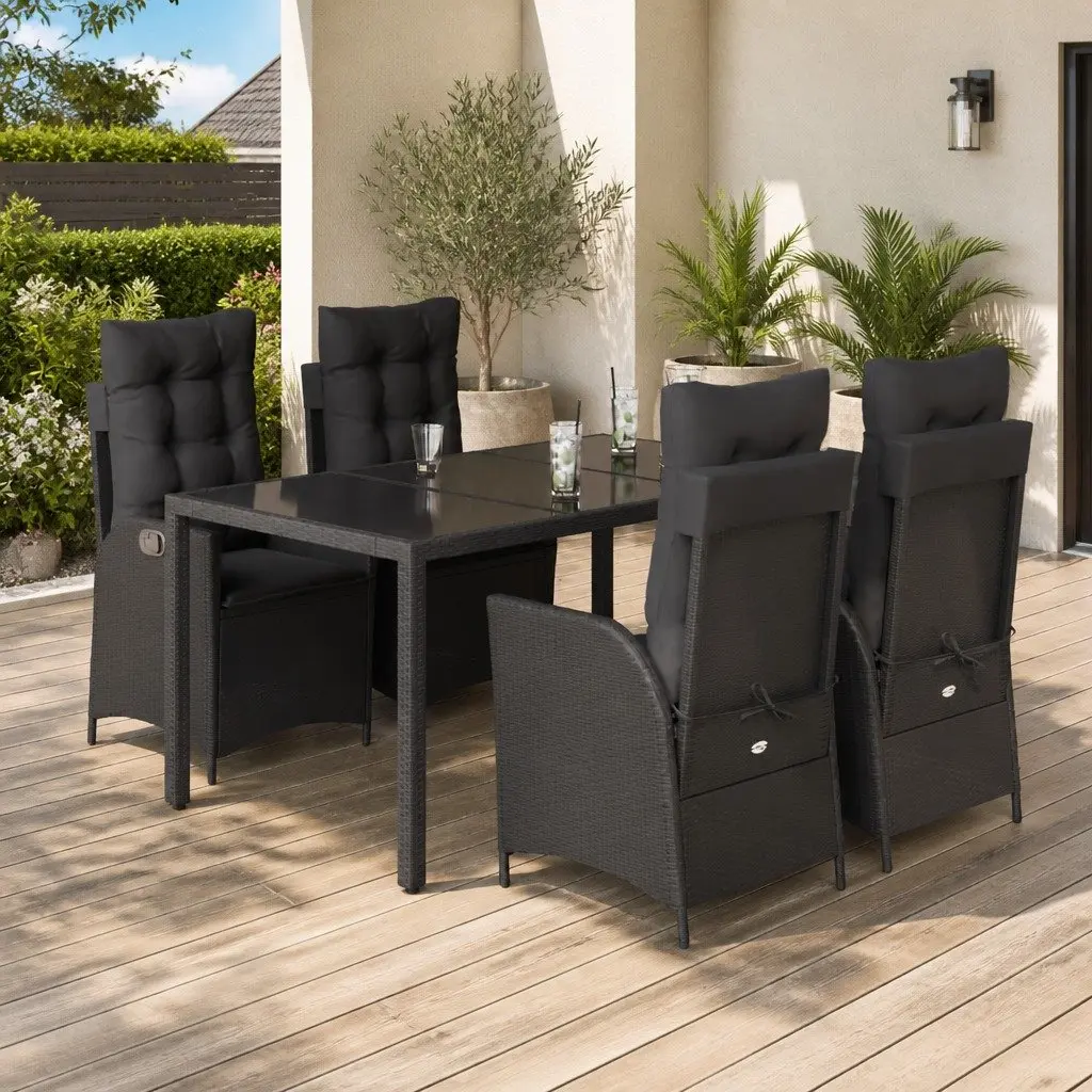 Garden Dining Set Black Poly Rattan 5 Piece Outdoor Furniture with Tempered Glass Table and Cushioned Chairs