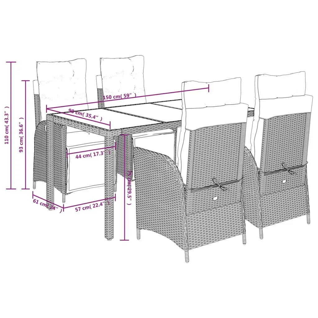 Garden Dining Set Black Poly Rattan 5 Piece Outdoor Furniture with Tempered Glass Table and Cushioned Chairs