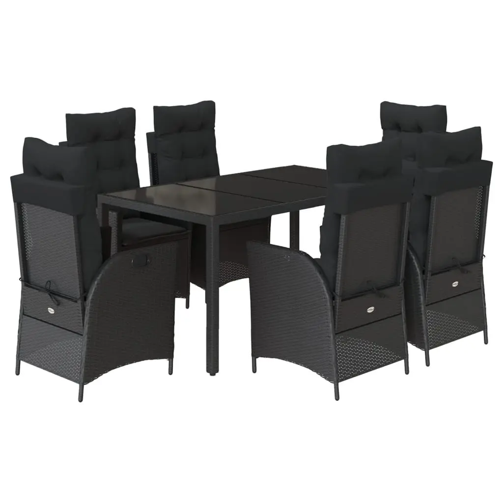 7 Piece Garden Dining Set Outdoor Furniture Black Poly Rattan Table with Tempered Glass Top and Adjustable Backrest Chairs