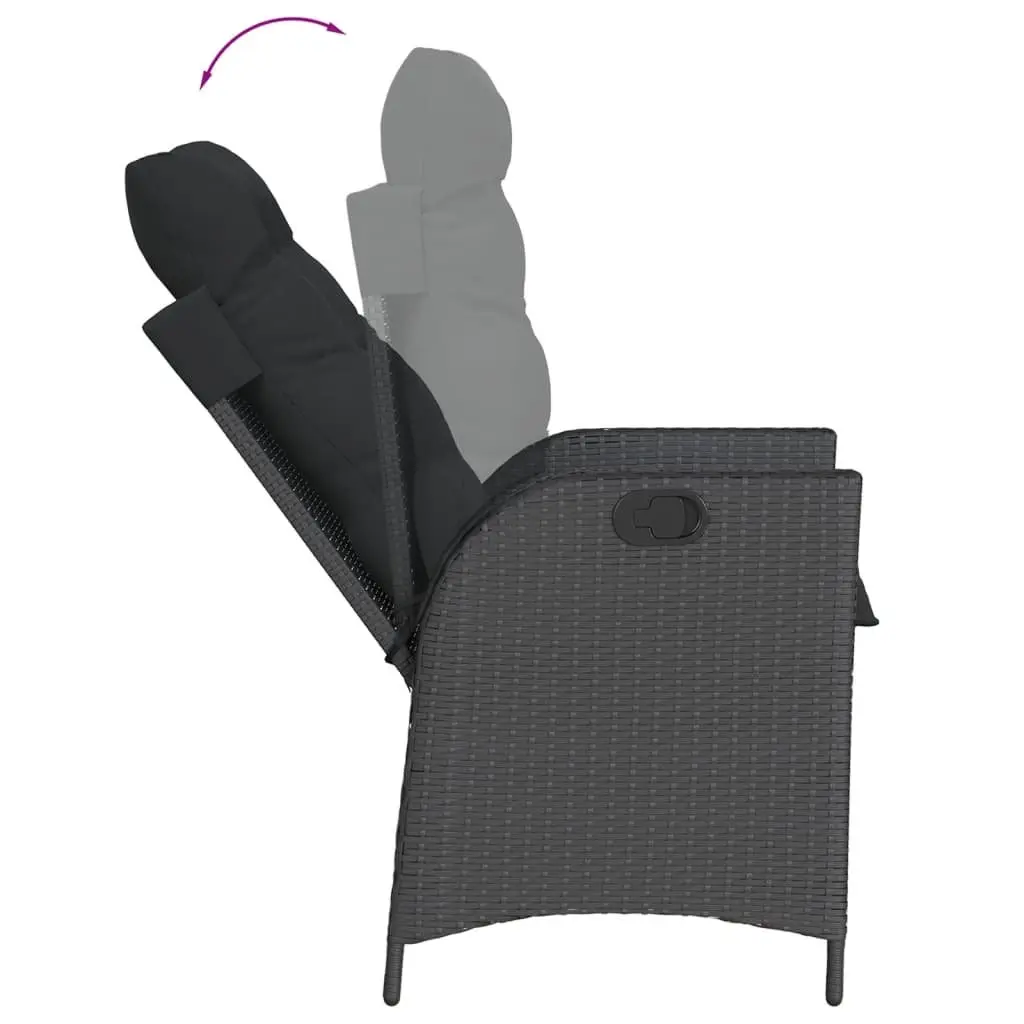 7 Piece Garden Dining Set Outdoor Furniture Black Poly Rattan Table with Tempered Glass Top and Adjustable Backrest Chairs