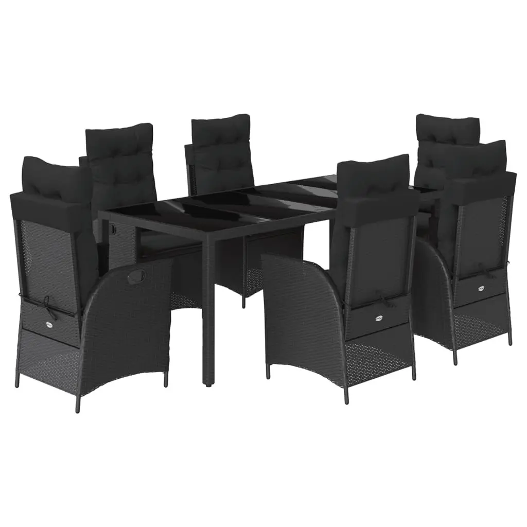 7 Piece Garden Dining Set Outdoor Furniture Black Poly Rattan with Adjustable Backrest and Cushions