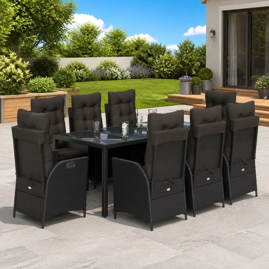 9 Piece Black Poly Rattan Outdoor Dining Set with Cushions and Tempered Glass Table for Patio Garden