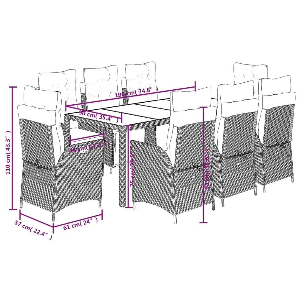 Garden Dining Set 9 Piece Outdoor Furniture Rattan Chairs Table Grey
