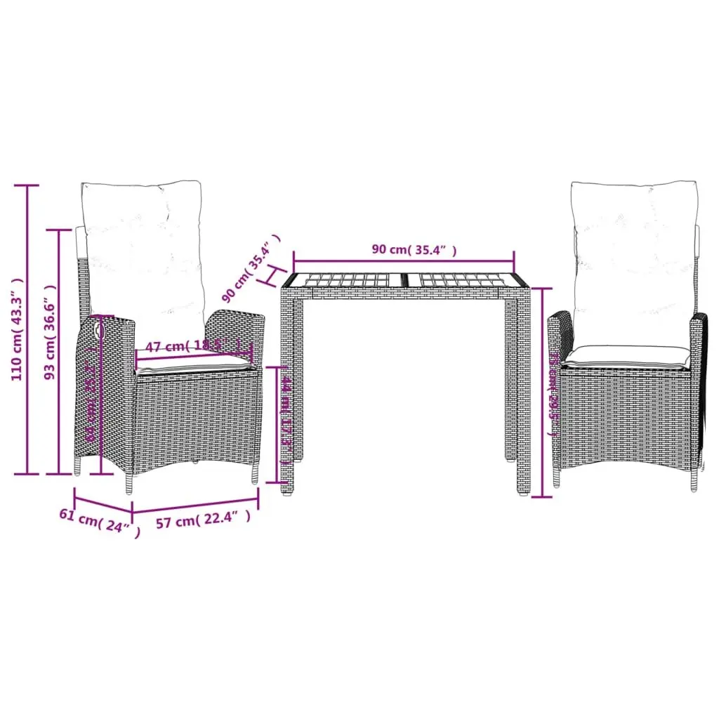 3 Piece Outdoor Garden Dining Set with Cushions Adjustable Backrest Black