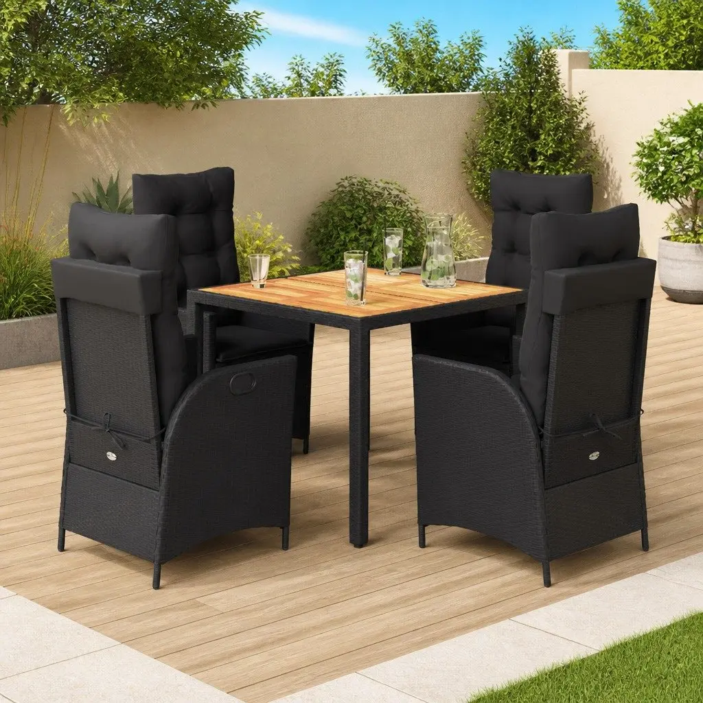 5 Piece Garden Dining Set Outdoor Furniture Black PE Rattan Chairs Table Patio