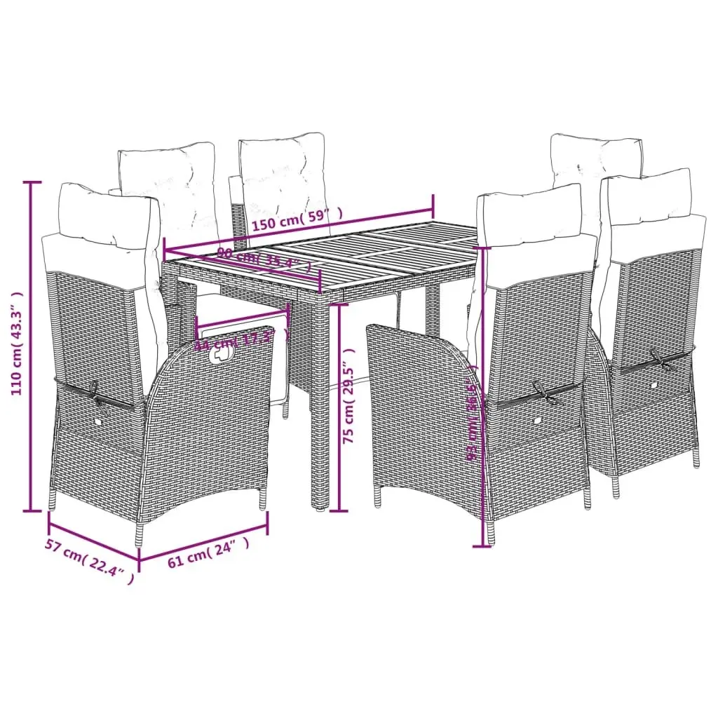 7 Piece Garden Dining Set Black Poly Rattan Cushions Adjustable Backrests