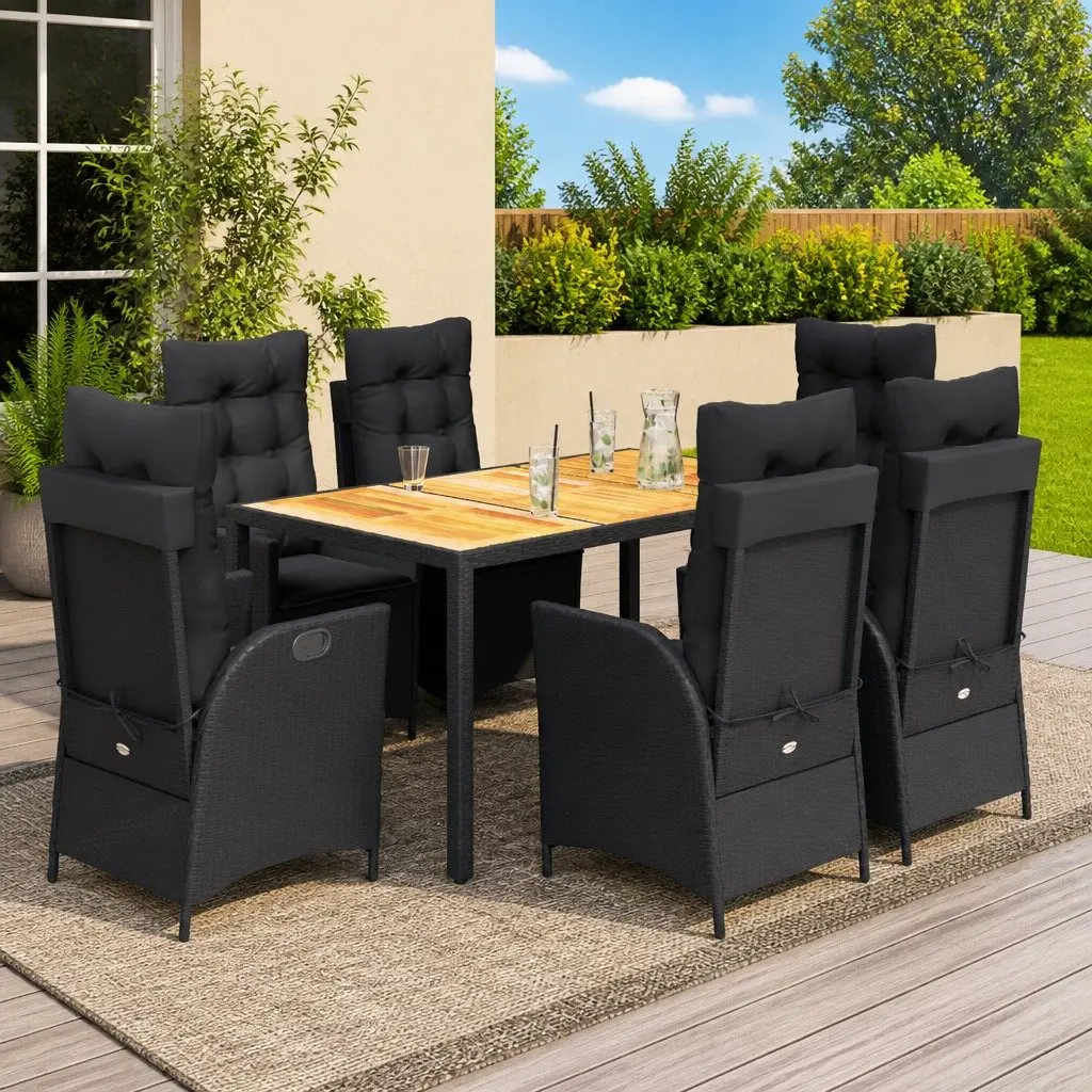 Outdoor Garden Dining Set 7 Piece Black Poly Rattan Table with Cushions
