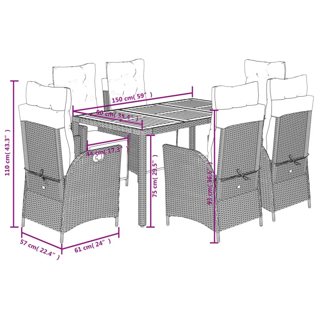 Outdoor Garden Dining Set 7 Piece Black Poly Rattan Table with Cushions