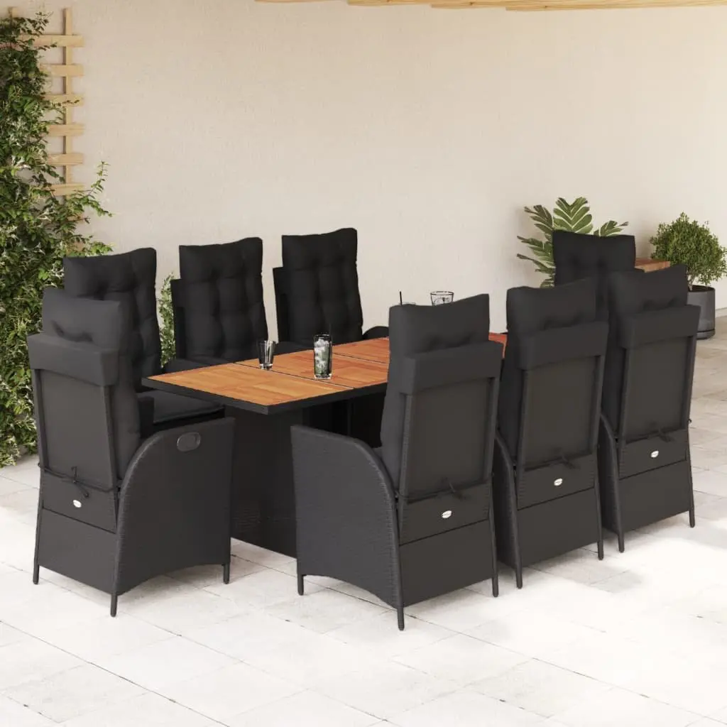 9 Piece Outdoor Dining Set with Cushions Black PE Rattan Acacia Wood Table