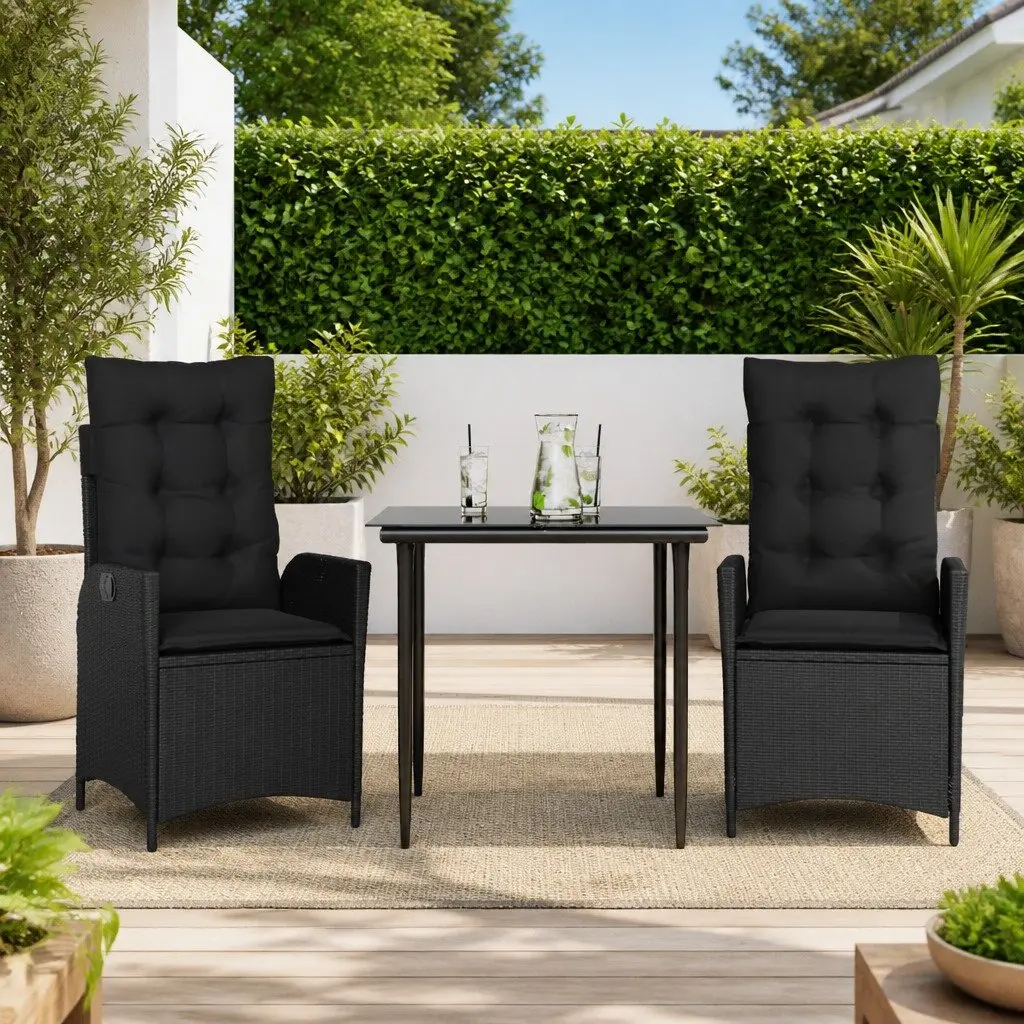 Outdoor Furniture Set 3 Piece Black PE Rattan Dining with Cushions and Glass Tabletop