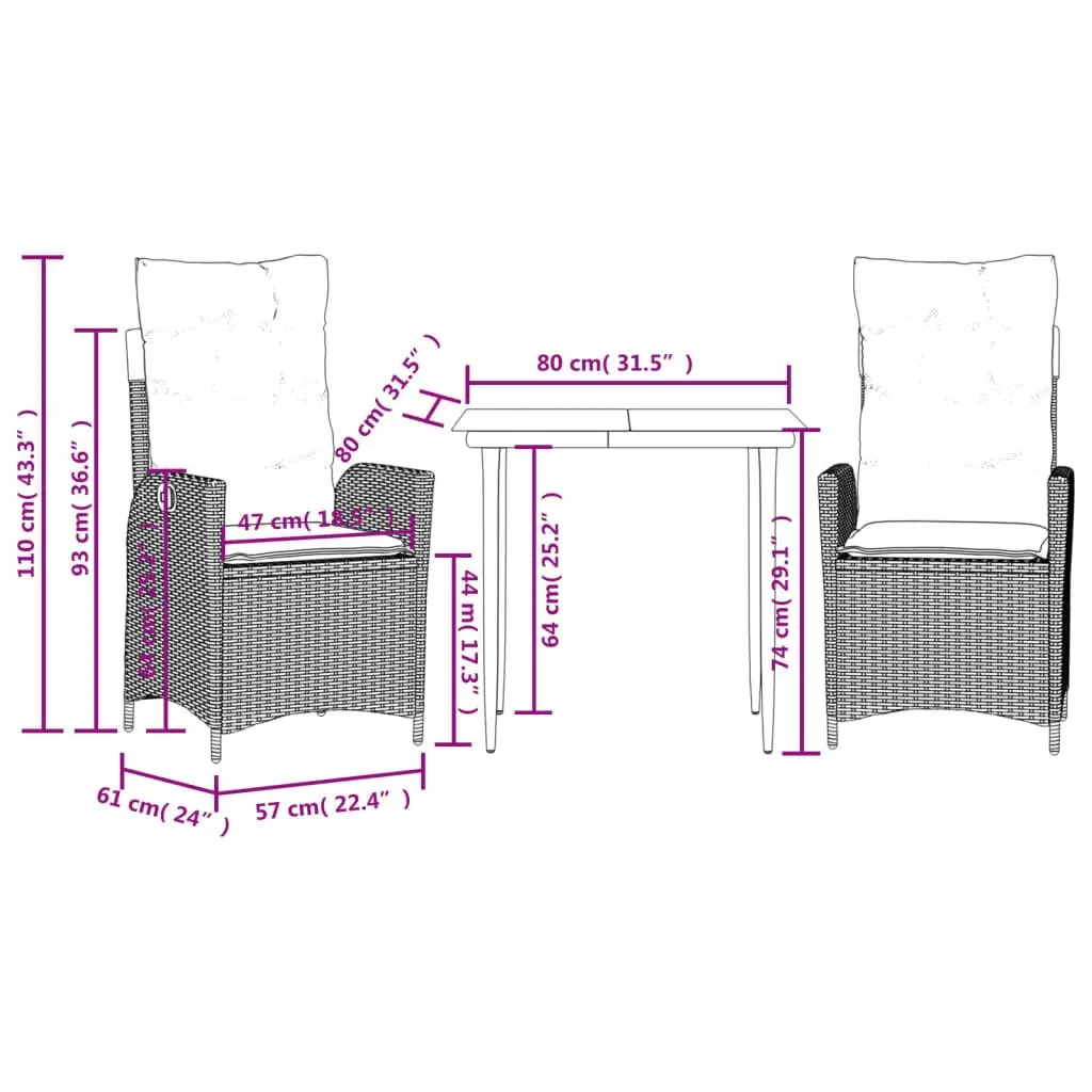 Outdoor Furniture Set 3 Piece Black PE Rattan Dining with Cushions and Glass Tabletop