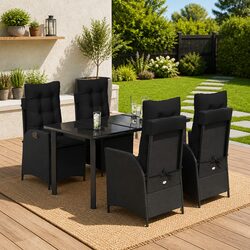5 Piece Outdoor Dining Set Black Poly Rattan Garden Furniture with Cushions