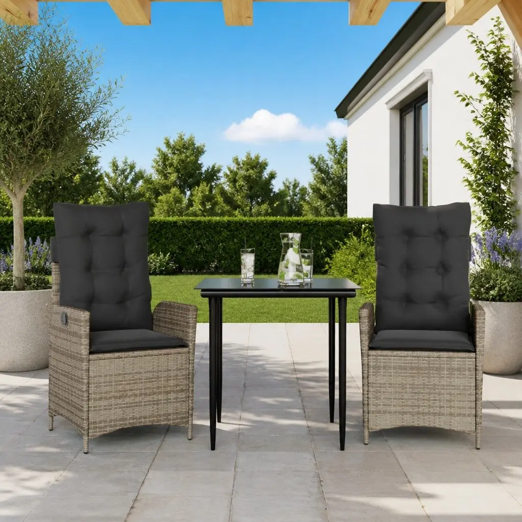 Garden Dining Set 3 Piece Grey Poly Rattan Outdoor Furniture with Cushions