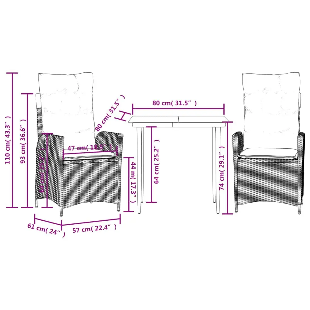 Garden Dining Set 3 Piece Grey Poly Rattan Outdoor Furniture with Cushions