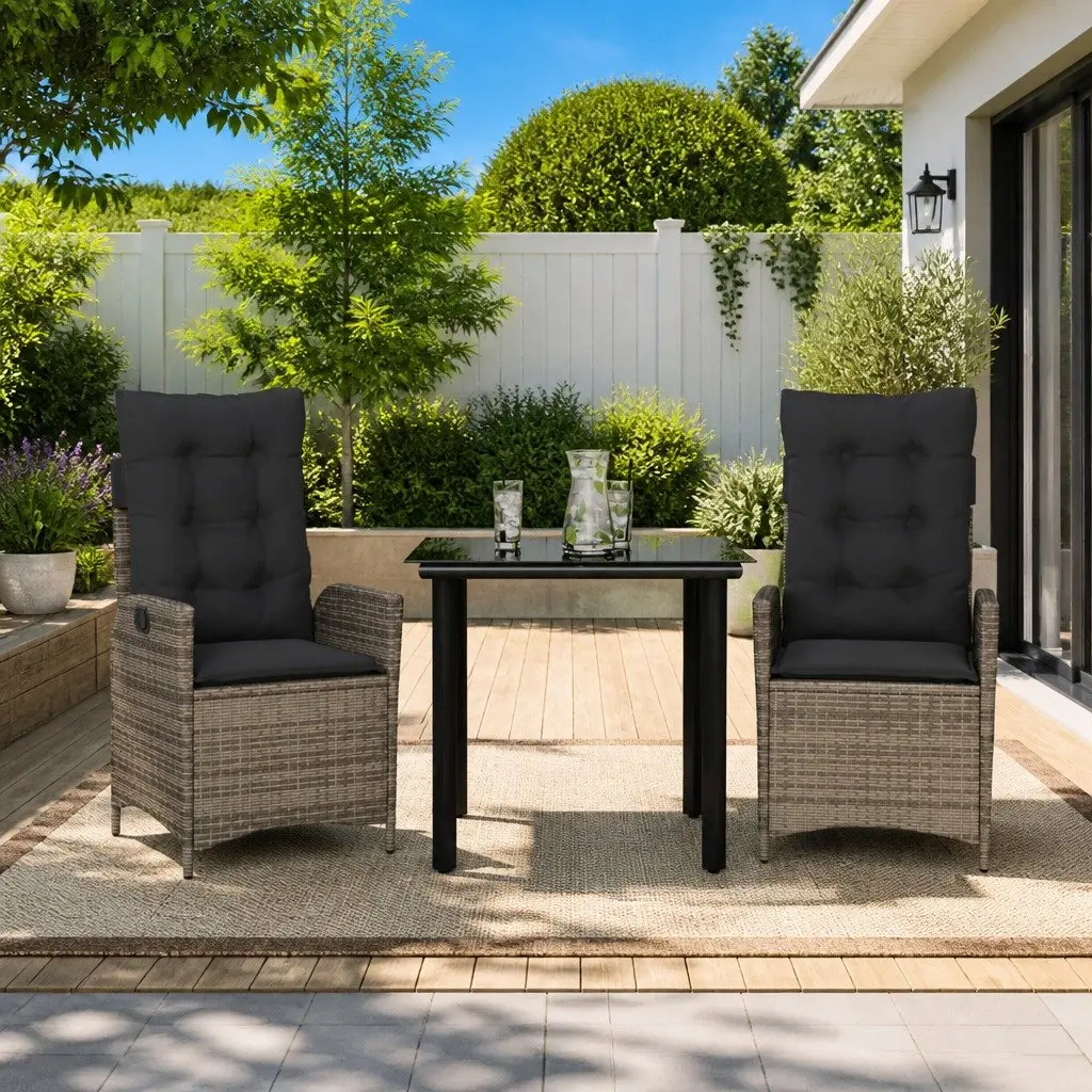 Garden Dining Set Grey Poly Rattan 3 Piece Outdoor Furniture with Cushions