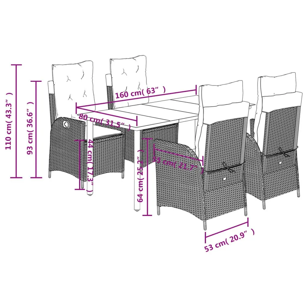 Garden Dining Set 5 Piece Grey Poly Rattan Outdoor Furniture with Cushions