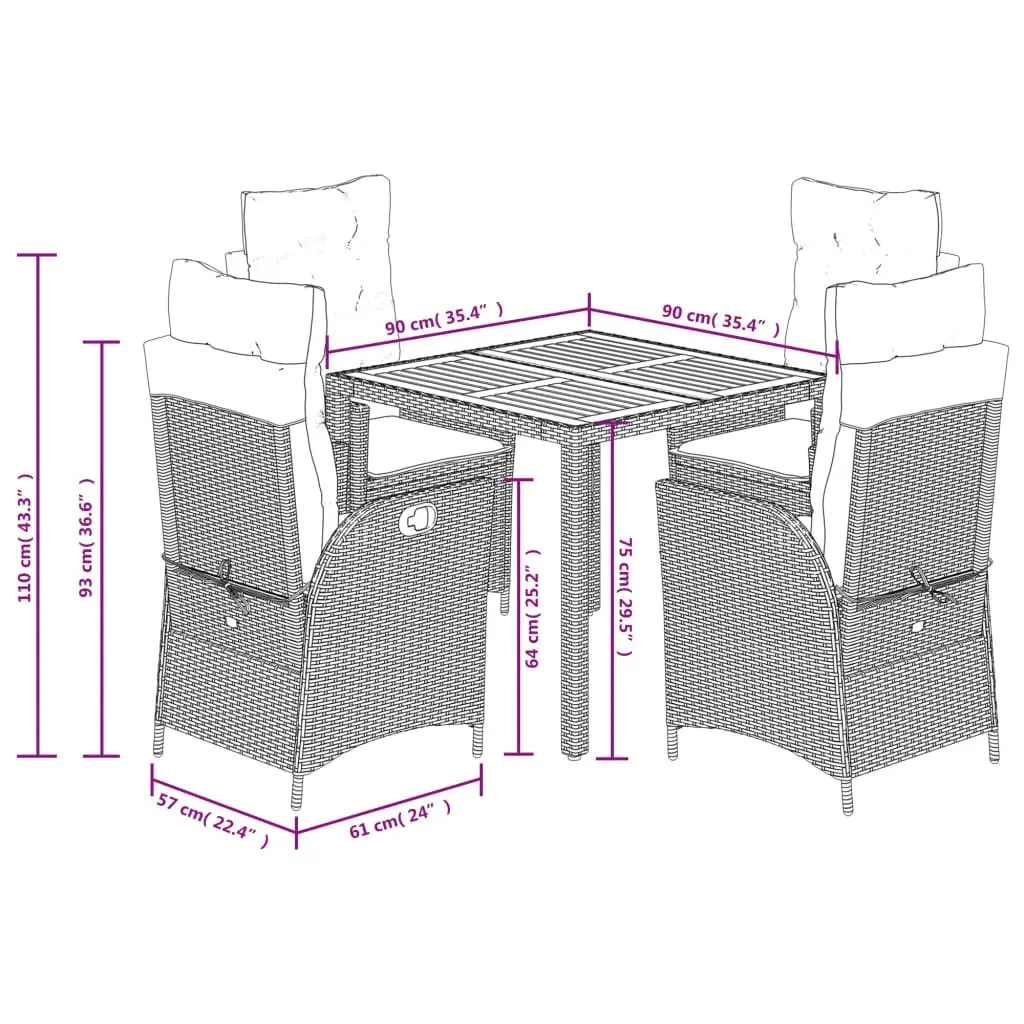 Garden Dining Set 5 Piece Black PE Rattan Chairs Table with Cushions