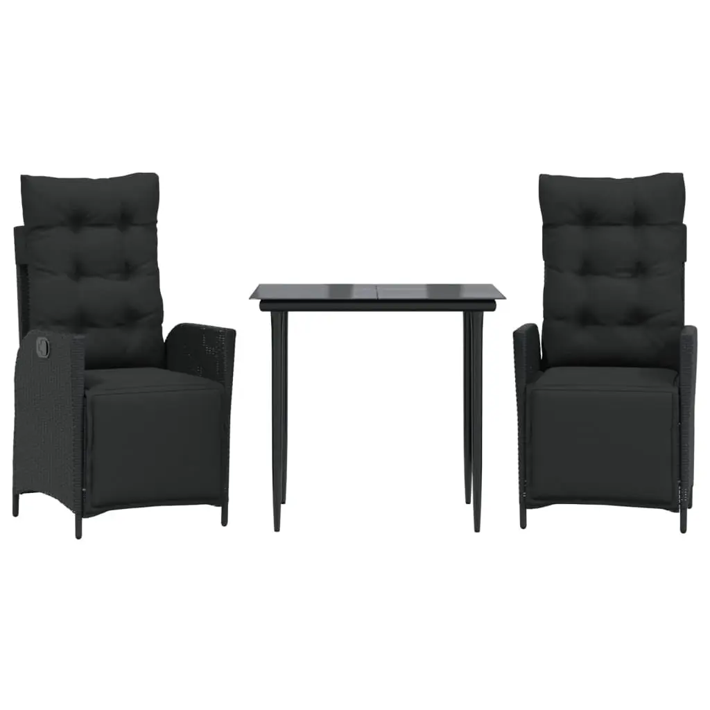 Outdoor Garden Dining Set 3 Piece Black Poly Rattan Furniture with Cushions