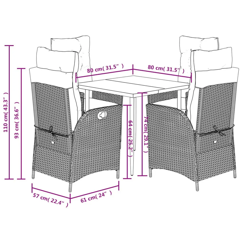 Outdoor Garden Dining Set 5 Piece Black Poly Rattan Furniture Patio Table Chairs