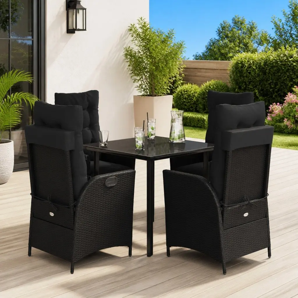 Garden Dining Set Black Poly Rattan 5 Piece Outdoor Furniture with Cushions