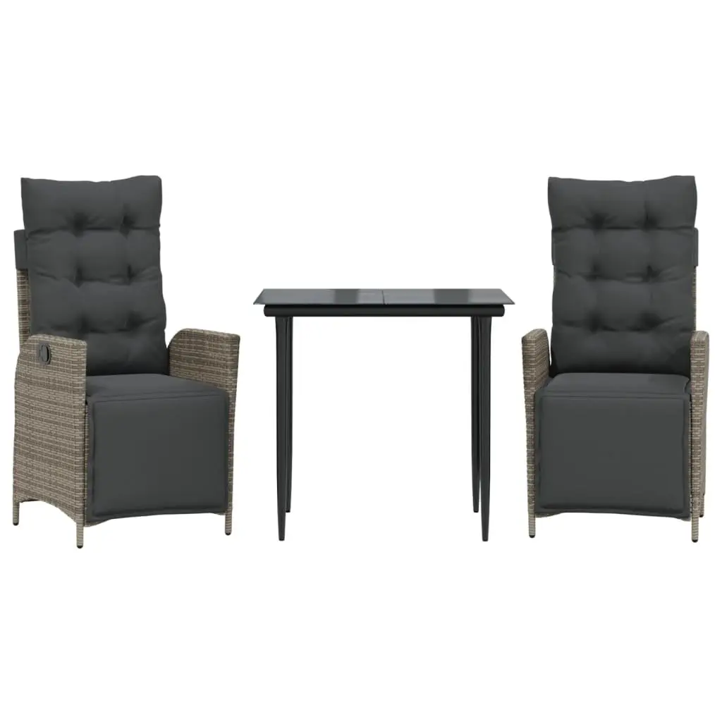 Garden Dining Set Grey PE Rattan 3 Piece Outdoor Furniture Table Chairs Cushions