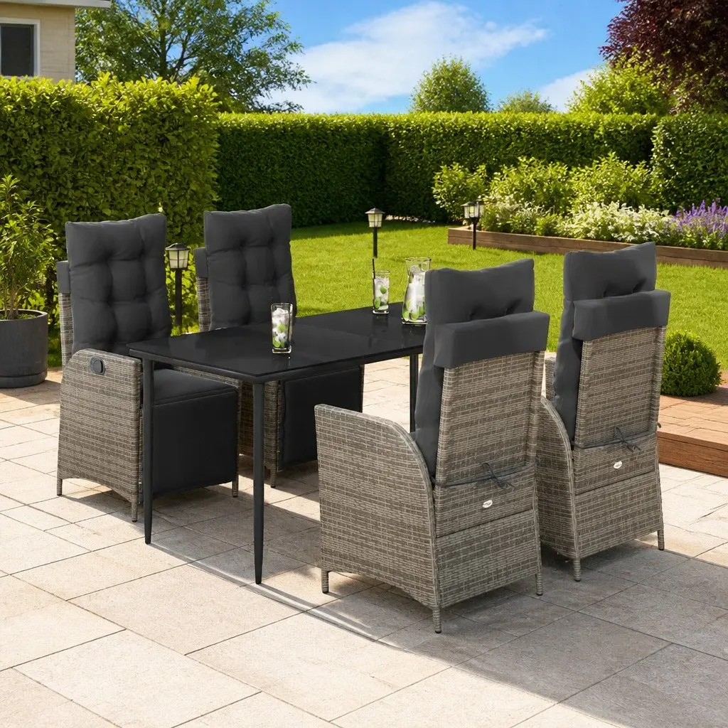 5 Piece Grey Poly Rattan Patio Dining Set with Cushions and Adjustable Backrests