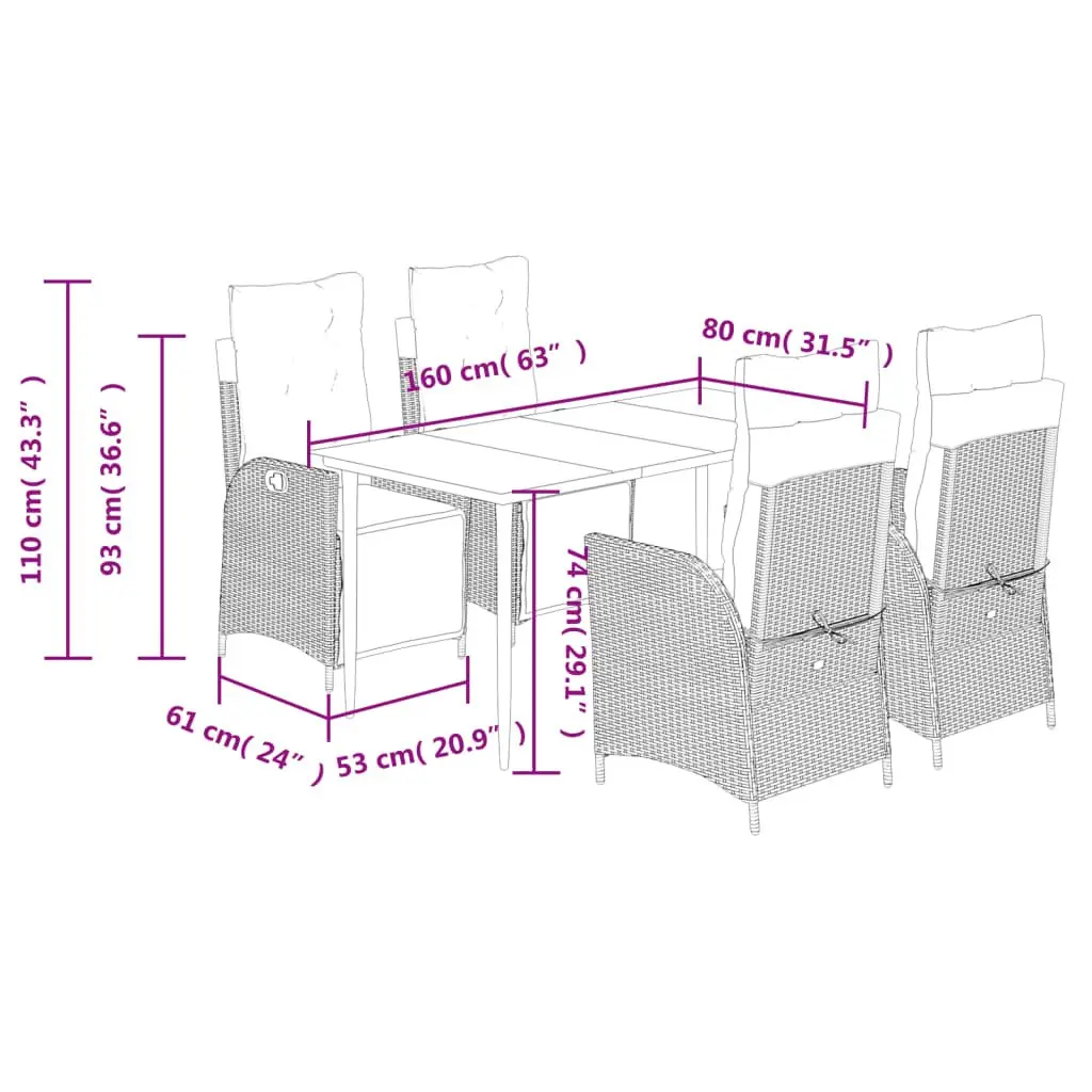 5 Piece Grey Poly Rattan Patio Dining Set with Cushions and Adjustable Backrests