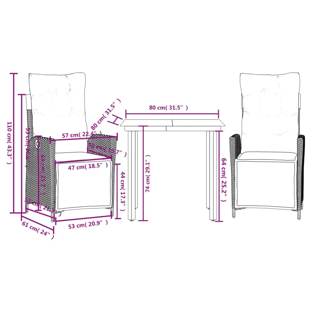 Outdoor Garden Dining Set Grey PE Poly Rattan 3 Piece