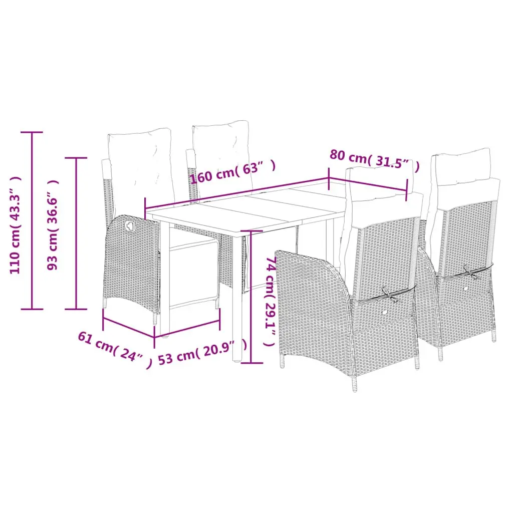 Garden Dining Set 5 Piece Grey Poly Rattan Outdoor Furniture with Cushions