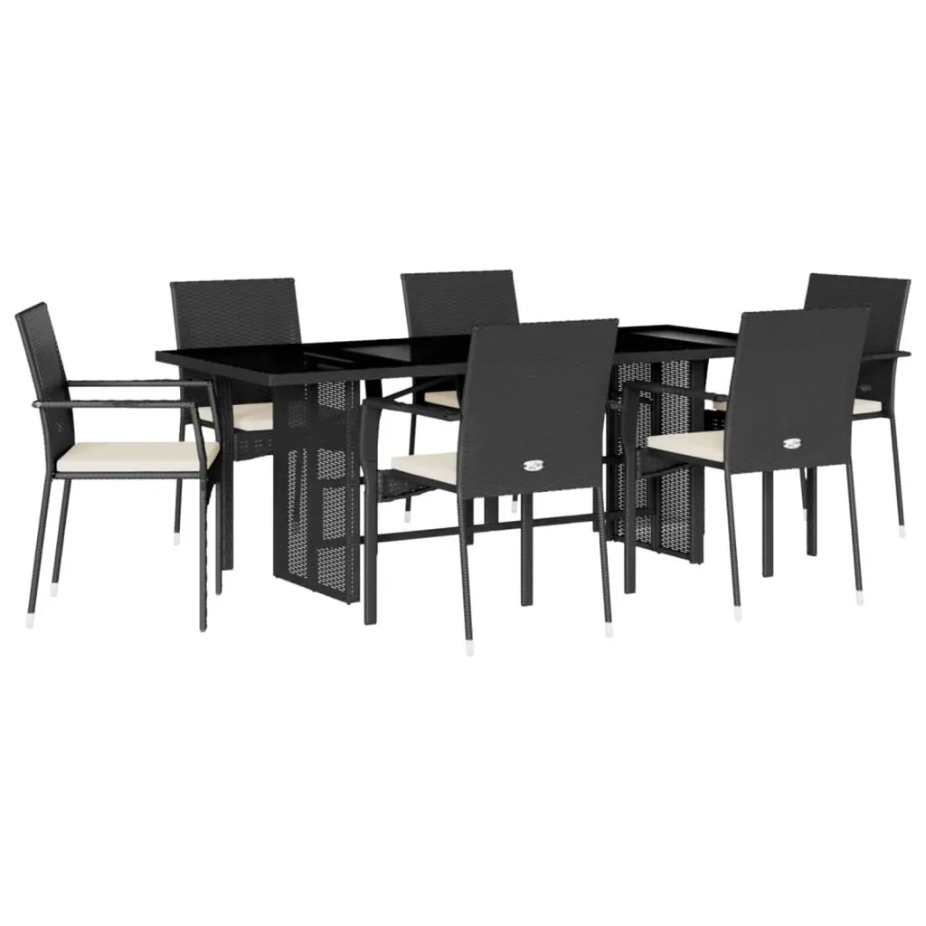 7 Piece Outdoor Dining Set with Cushions Black Poly Rattan Table and Chairs for Patio Garden
