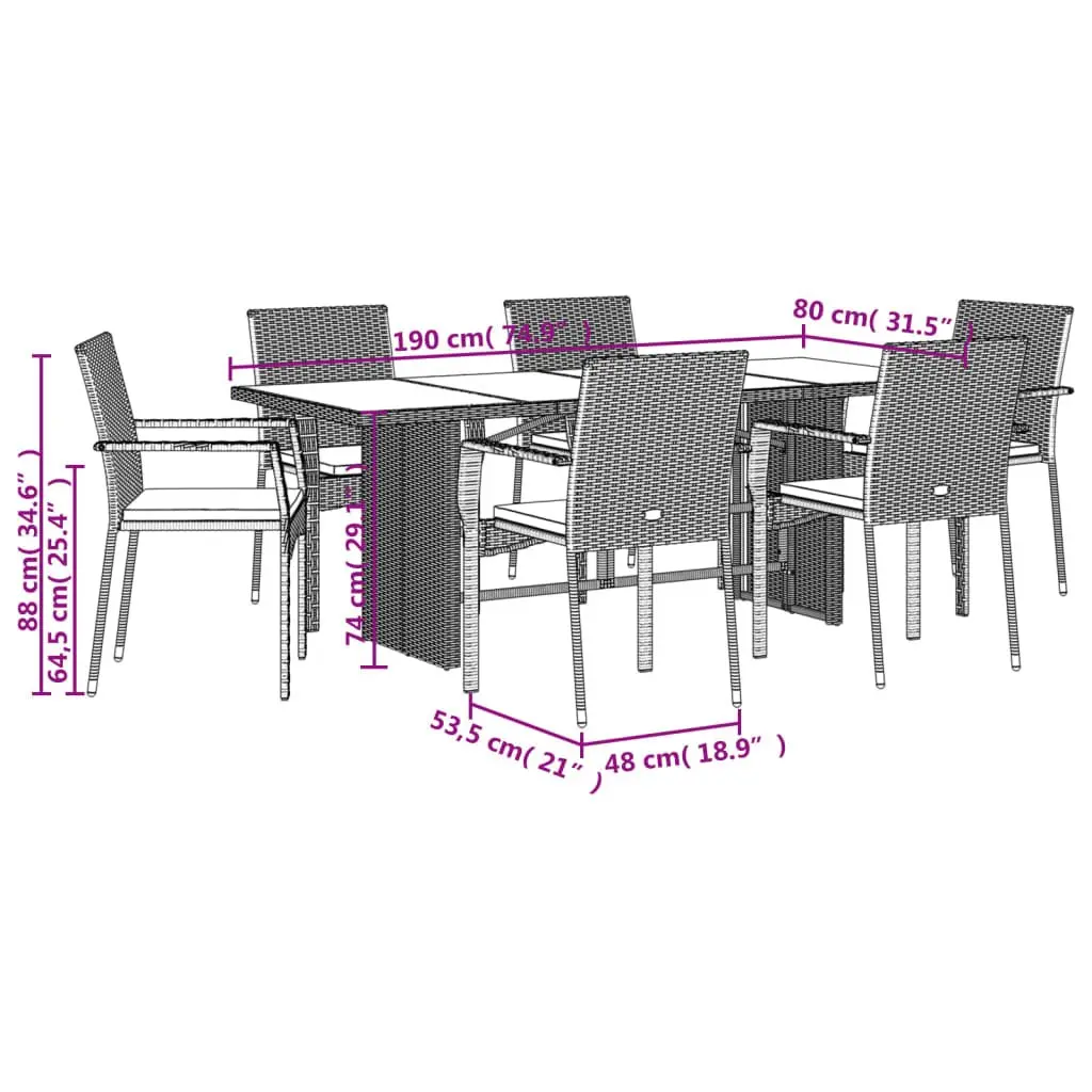 7 Piece Outdoor Dining Set with Cushions Black Poly Rattan Table and Chairs for Patio Garden