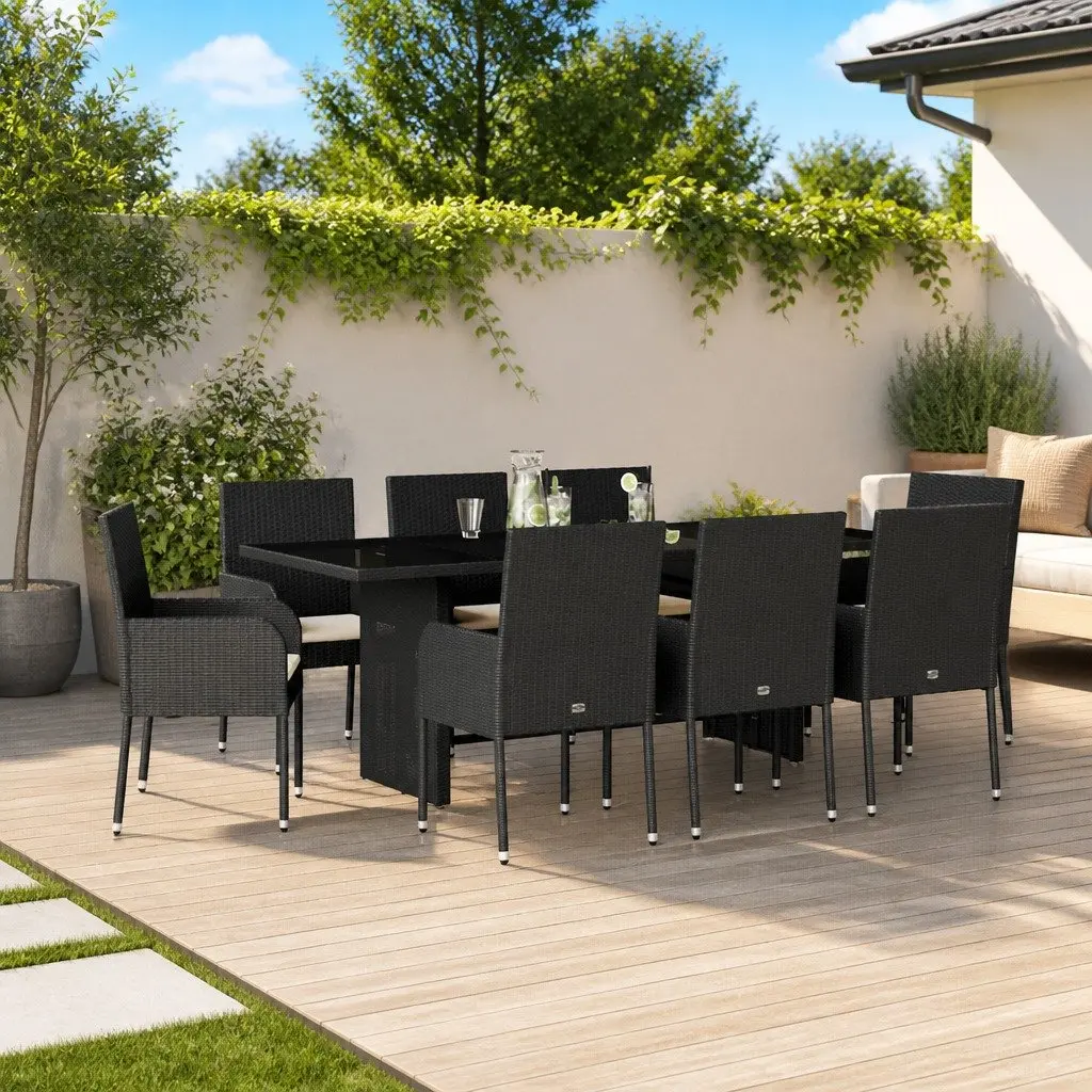 Outdoor Dining Set 9 Piece Black Poly Rattan Cushioned Garden Furniture