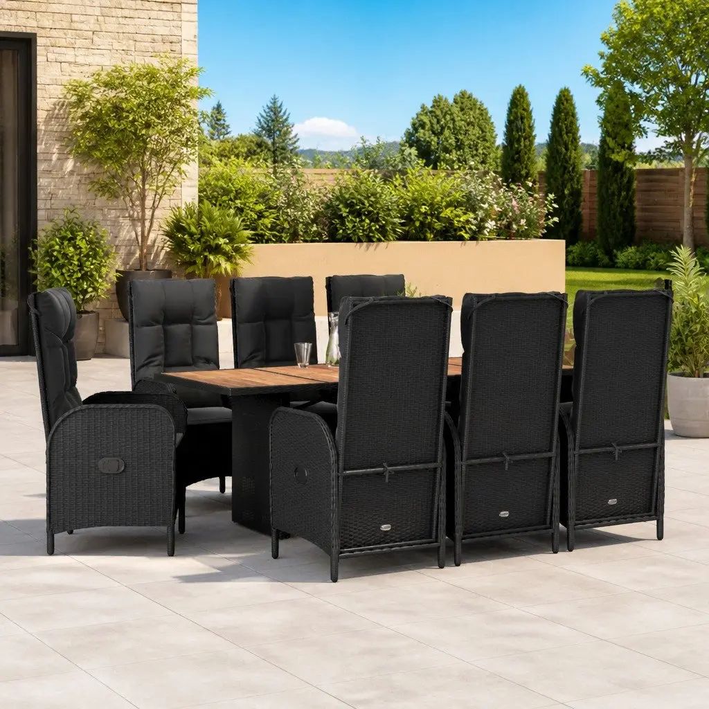 Outdoor Dining Set 9 Piece Black PE Rattan Adjustable Chairs