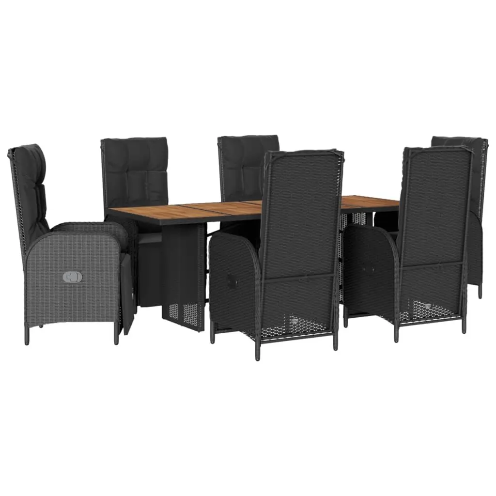 7 Piece Garden Dining Set Outdoor Furniture Black PE Rattan Table Acacia Wood Top Chairs with Adjustable Backrests and Cushions