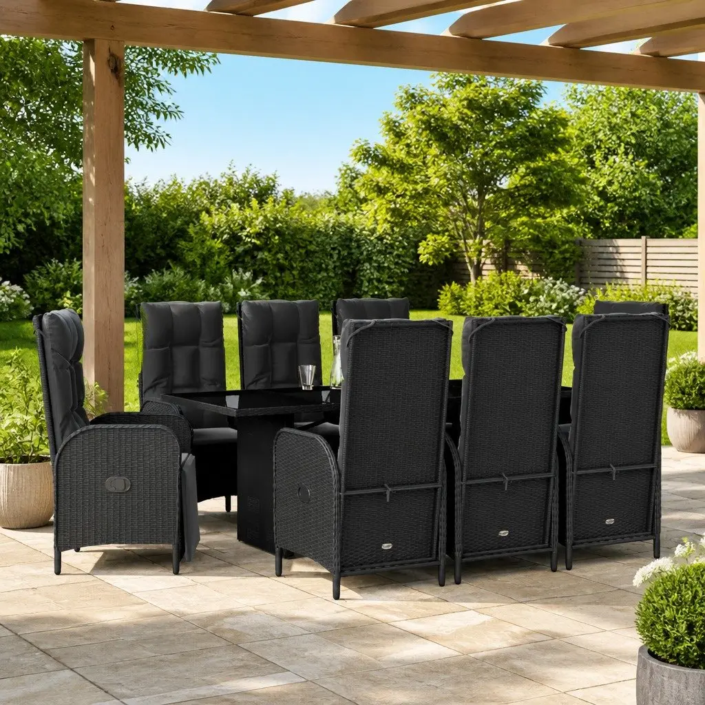 Garden Dining Set 9 Piece Outdoor Furniture Black Poly Rattan with Cushions