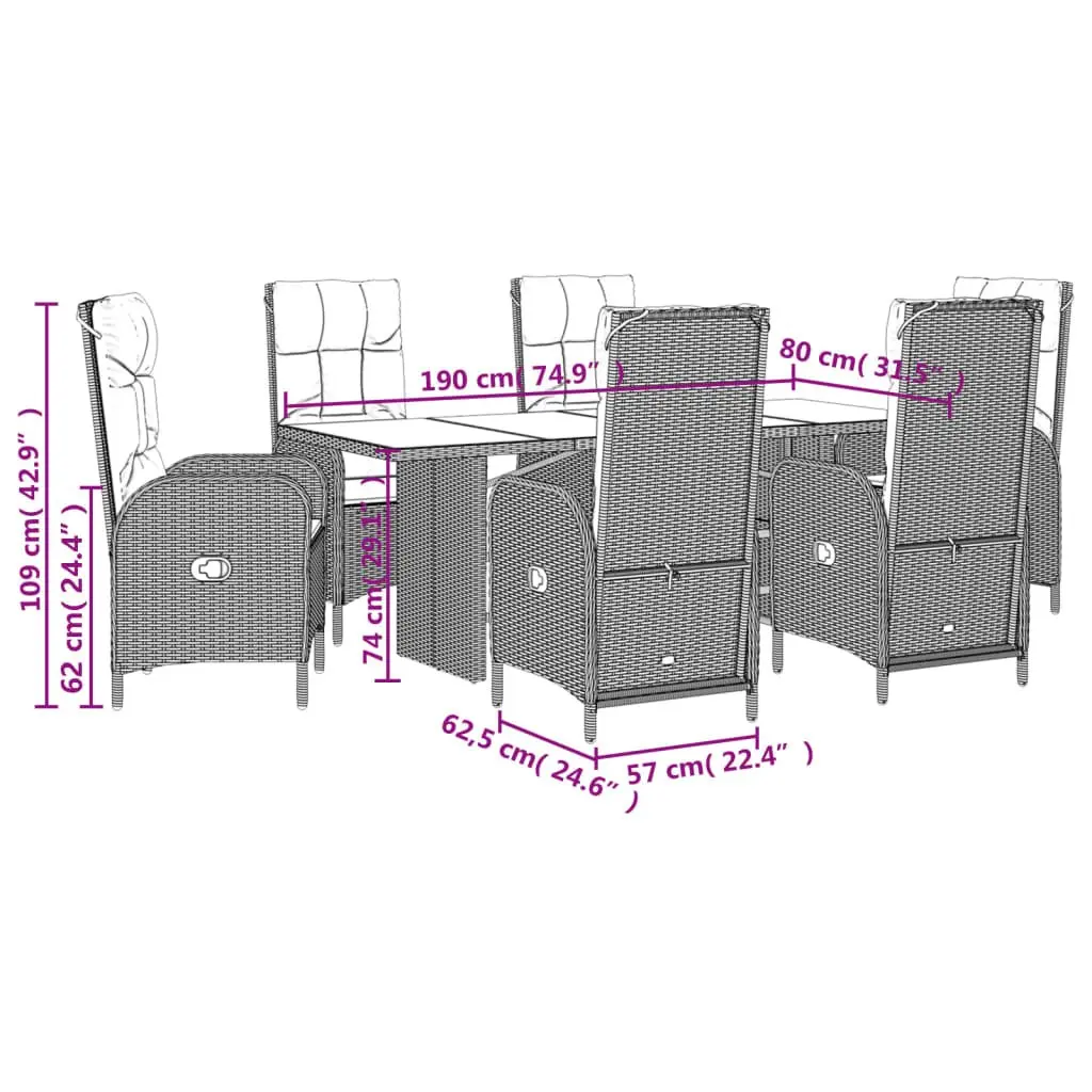 Garden Dining Set 7 Piece Grey Poly Rattan Outdoor Furniture with Cushions