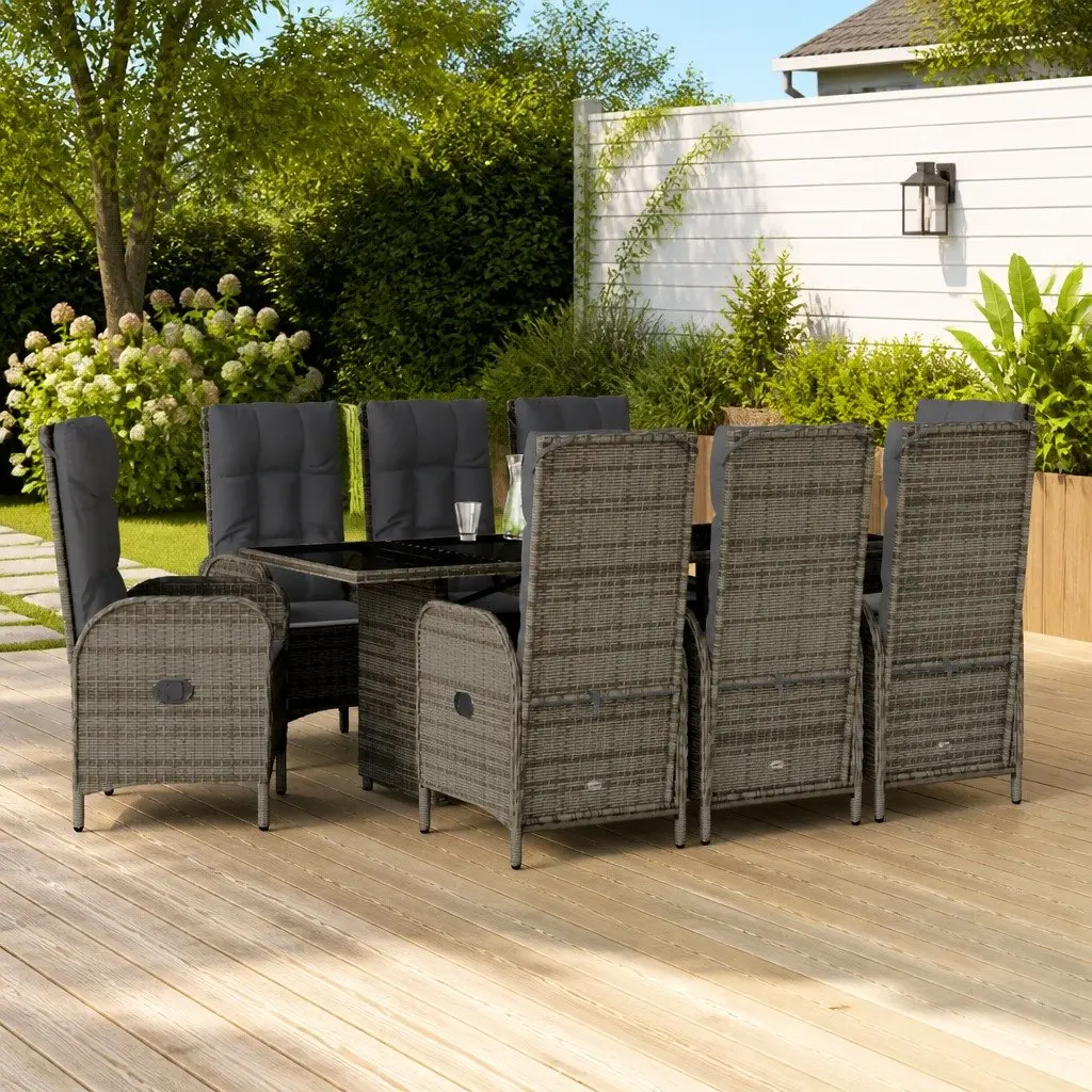 Garden Dining Set 9 Piece Grey PE Rattan Chairs Table with Cushions
