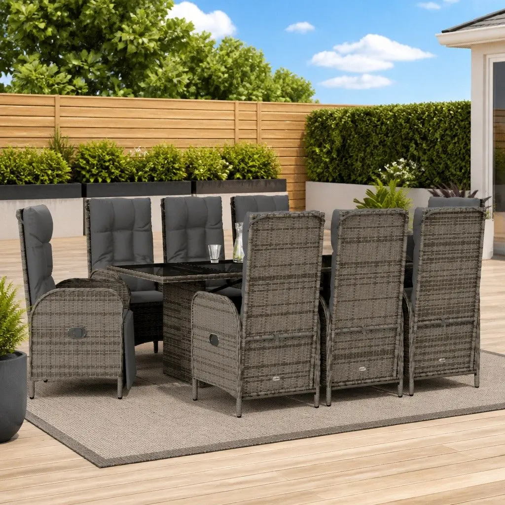 Outdoor Dining Furniture Set 9 Piece Grey Poly Rattan Table with Cushioned Chairs